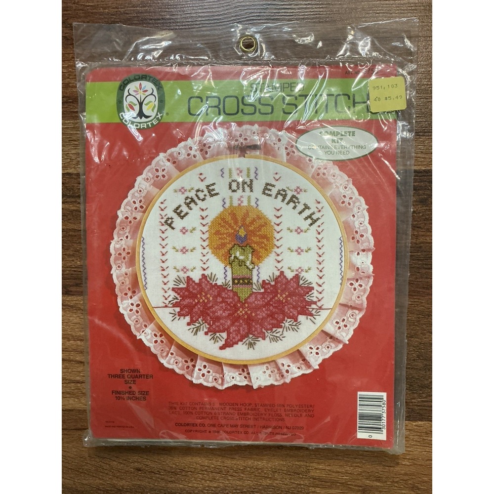 1986 PEACE ON EARTH Stamped Cross Stitch Kit Colortex 10.5" Round Christmas NIP